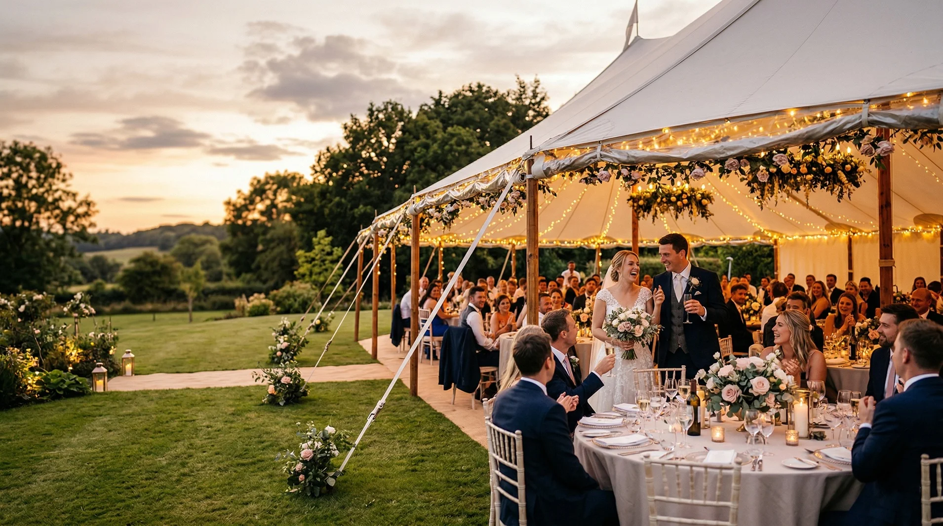 Toldo elegante para evento de boda al aire libre con luces decorativas y ambientación nocturna en jardín