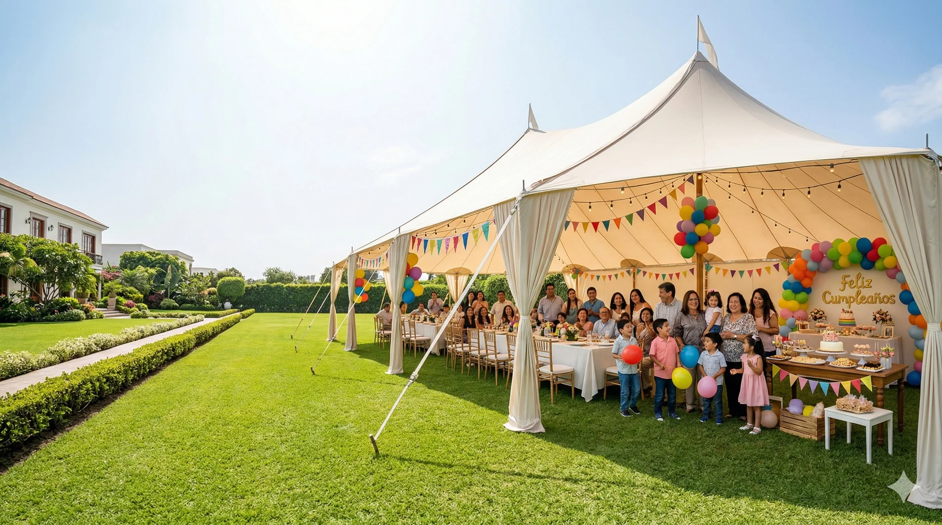 Alquiler de toldo para cumpleaños en jardín con decoración temática, globos y mesas para invitados en evento familiar